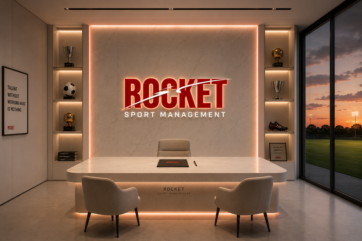 Rocket Sport Management headquarters interior with marble walls, illuminated logo and stadium view at sunset